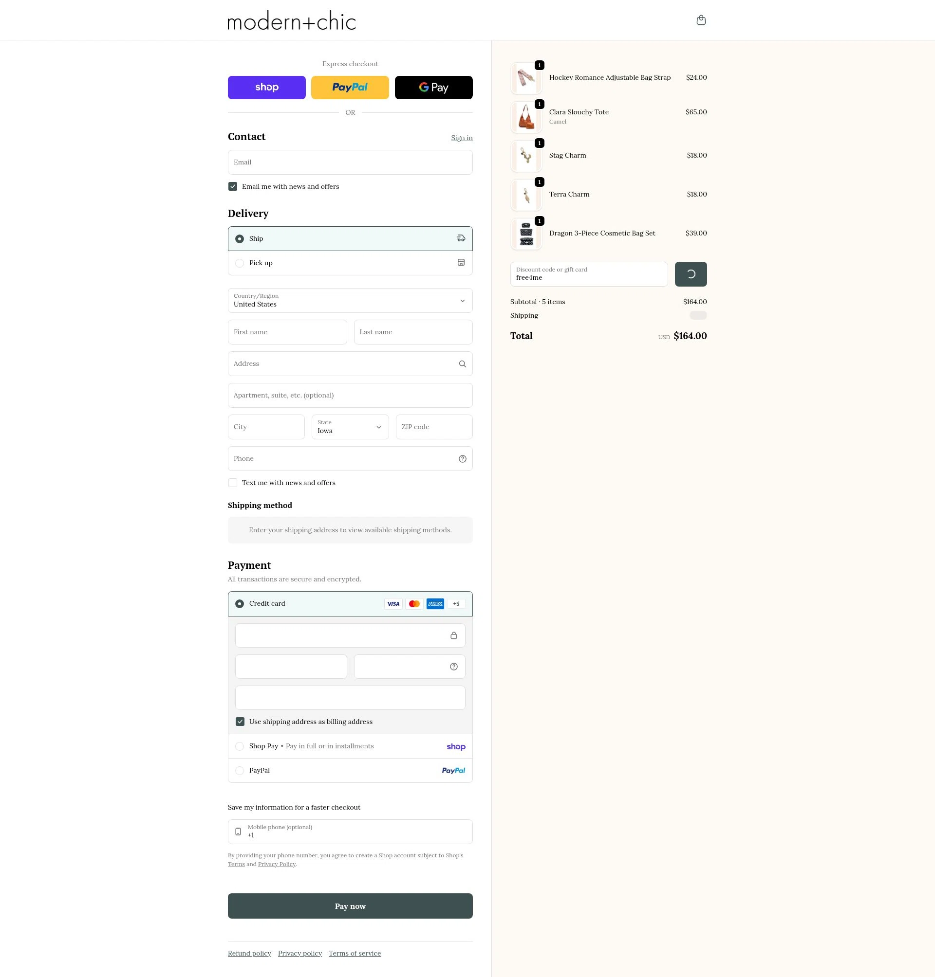 modern+chic checkout page showing modern+chic promo code box | Screenshot taken by SimplyCodes community member on Feb 6, 2026