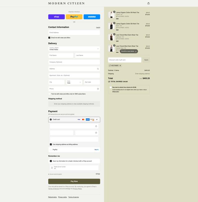 Modern Citizen checkout page showing Modern Citizen promo code box | Screenshot taken by SimplyCodes community member on Sep 8, 2025
