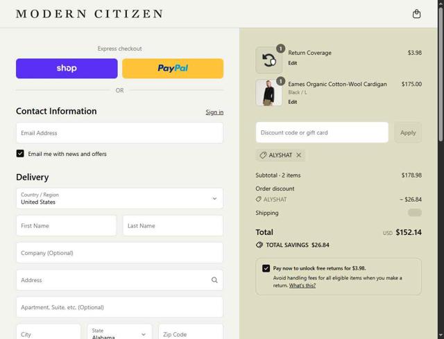 Modern Citizen checkout page showing Modern Citizen promo code box | Screenshot taken by SimplyCodes community member on Sep 12, 2025