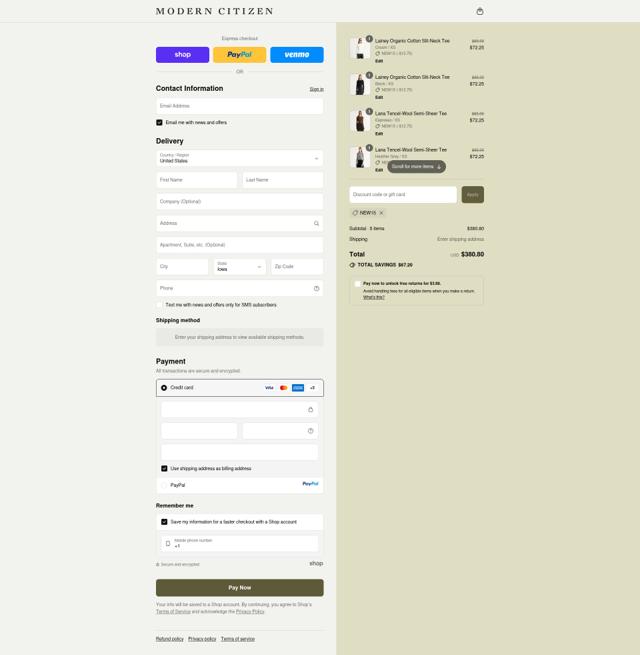 Modern Citizen checkout page showing Modern Citizen promo code box | Screenshot taken by SimplyCodes community member on Sep 12, 2025