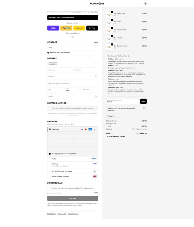 Modern Gents Trading checkout page showing Modern Gents Trading promo code box | Screenshot taken by SimplyCodes community member on Oct 11, 2025