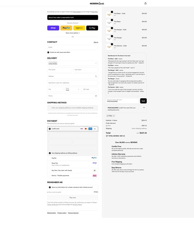 Modern Gents Trading checkout page showing Modern Gents Trading promo code box | Screenshot taken by SimplyCodes community member on Oct 11, 2025