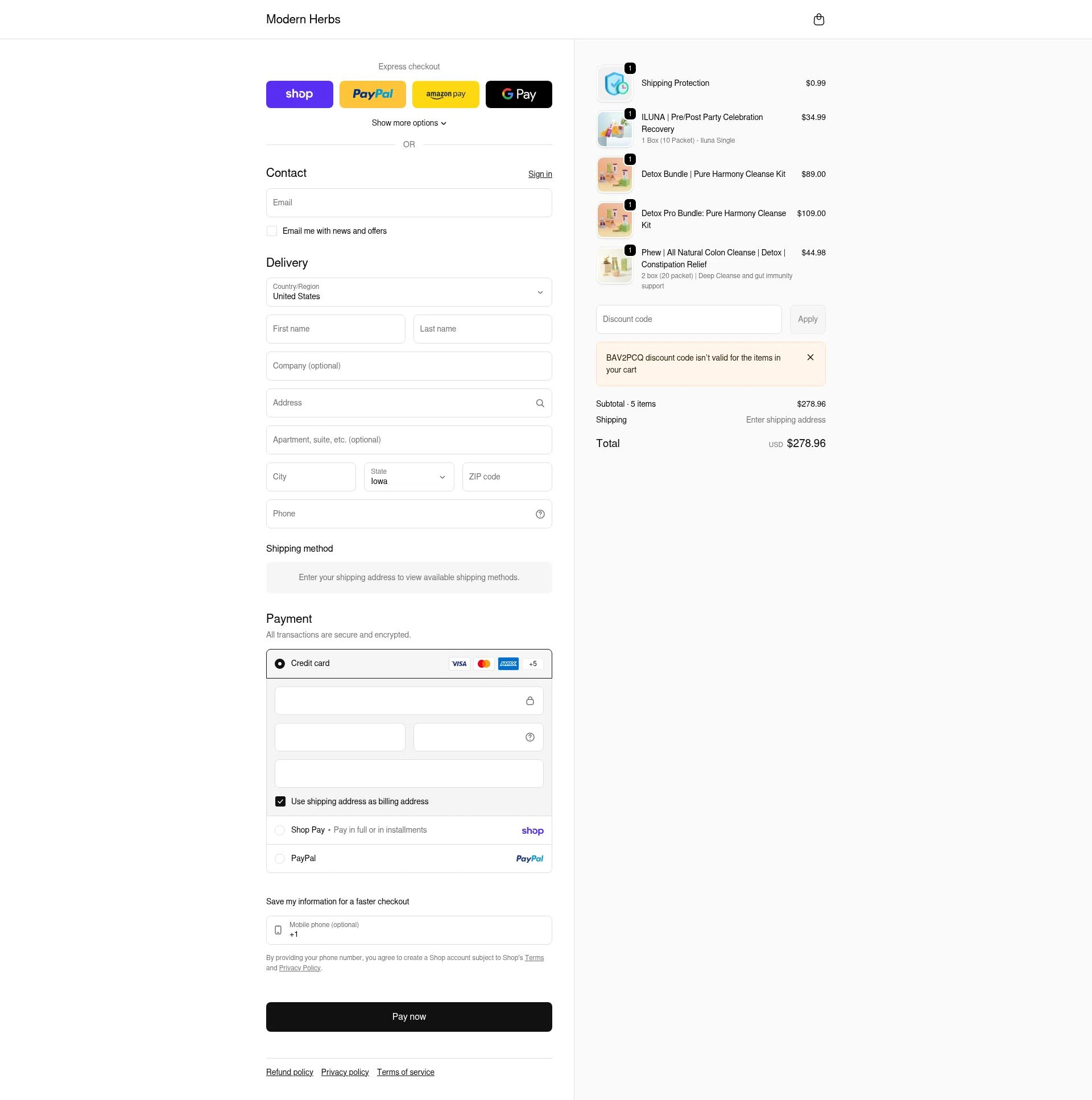 Modern Herbs checkout page showing Modern Herbs promo code box | Screenshot taken by SimplyCodes community member on Feb 2, 2026