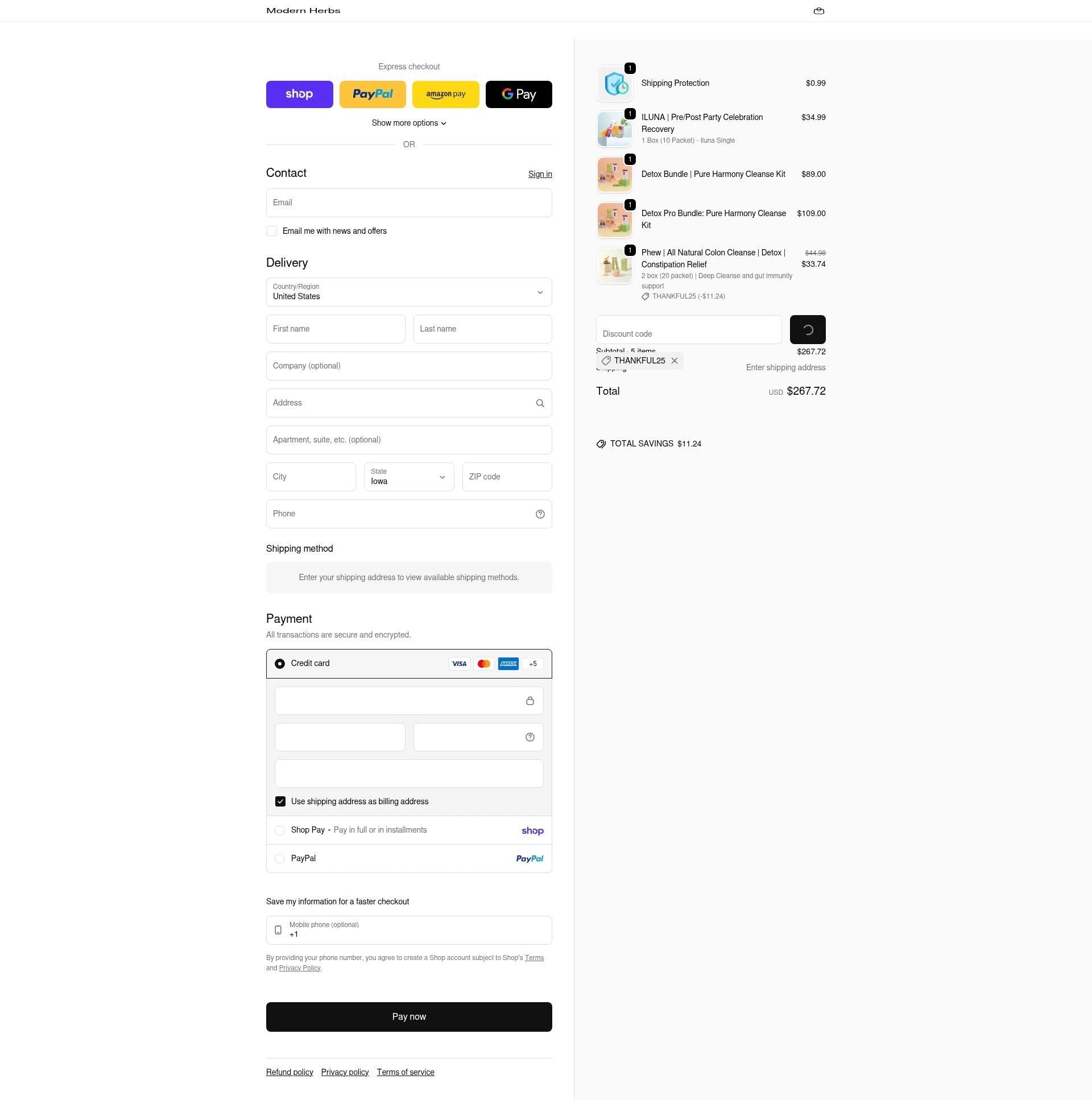 Modern Herbs checkout page showing Modern Herbs promo code box | Screenshot taken by SimplyCodes community member on Feb 6, 2026