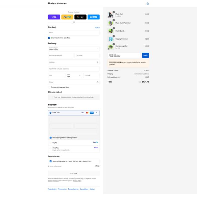 Modern Mammals checkout page showing Modern Mammals discount code box | Screenshot taken by SimplyCodes community member on Sep 11, 2025
