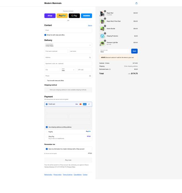 Modern Mammals checkout page showing Modern Mammals discount code box | Screenshot taken by SimplyCodes community member on Sep 11, 2025