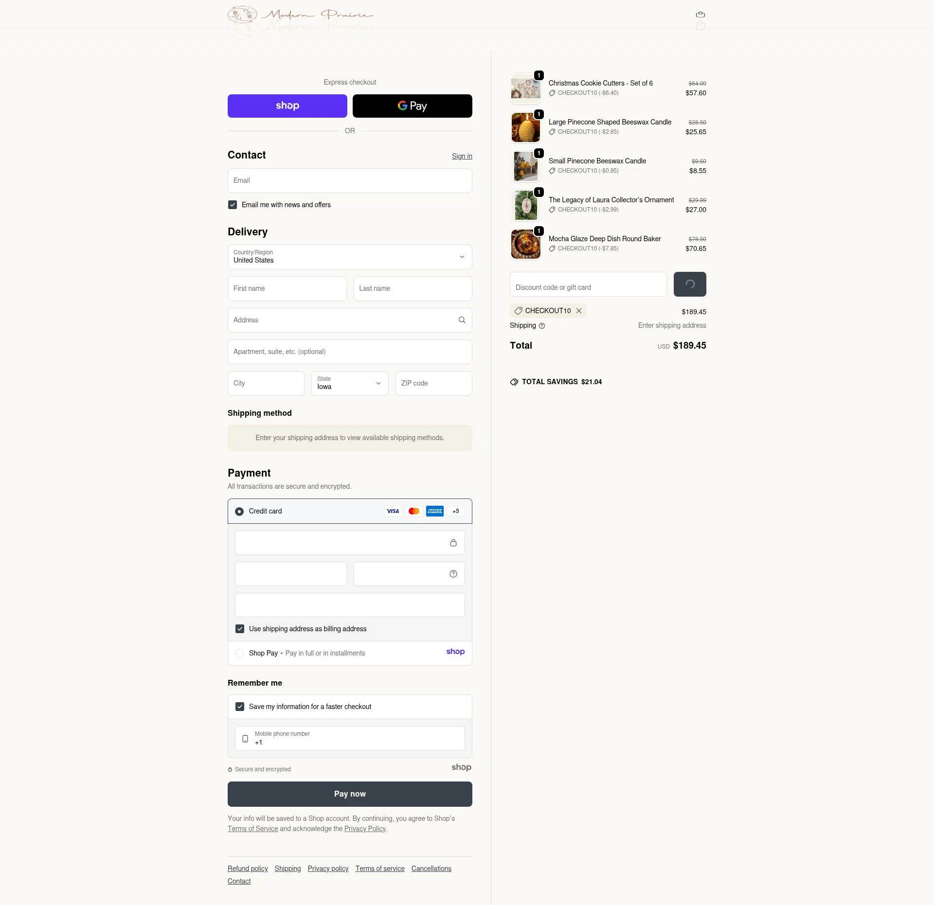 Modern Prairie checkout page showing Modern Prairie discount code box | Screenshot taken by SimplyCodes community member on Dec 30, 2025