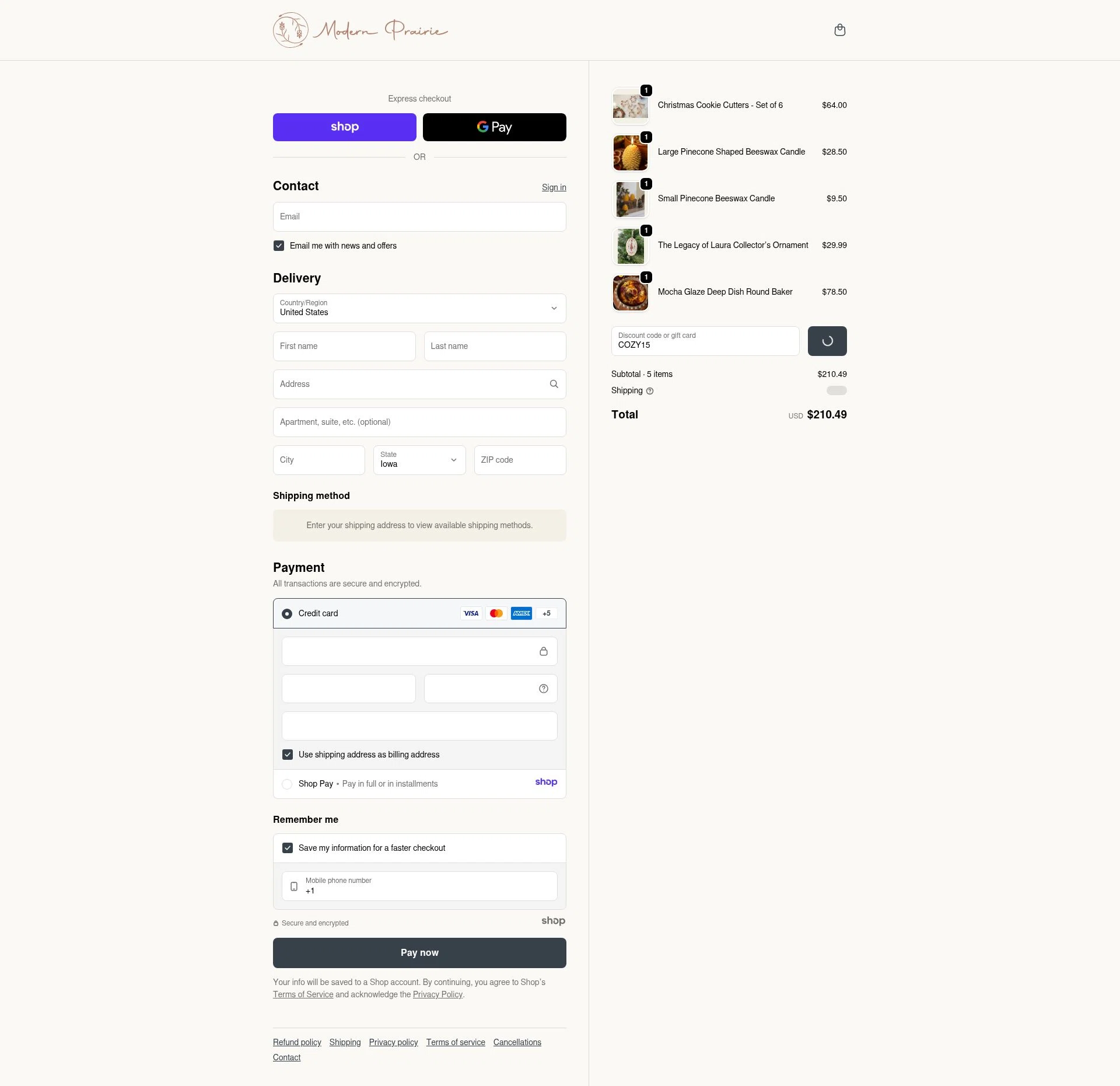 Modern Prairie checkout page showing Modern Prairie discount code box | Screenshot taken by SimplyCodes community member on Dec 30, 2025