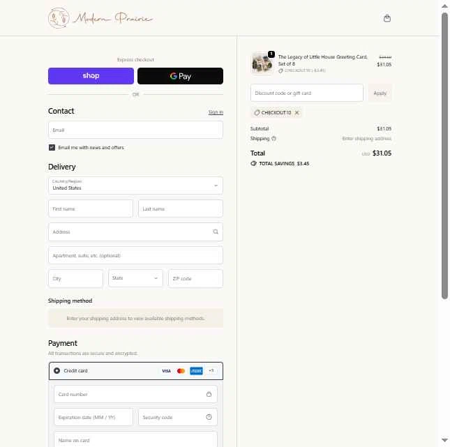 Modern Prairie checkout page showing Modern Prairie discount code box | Screenshot taken by SimplyCodes community member on Dec 25, 2025