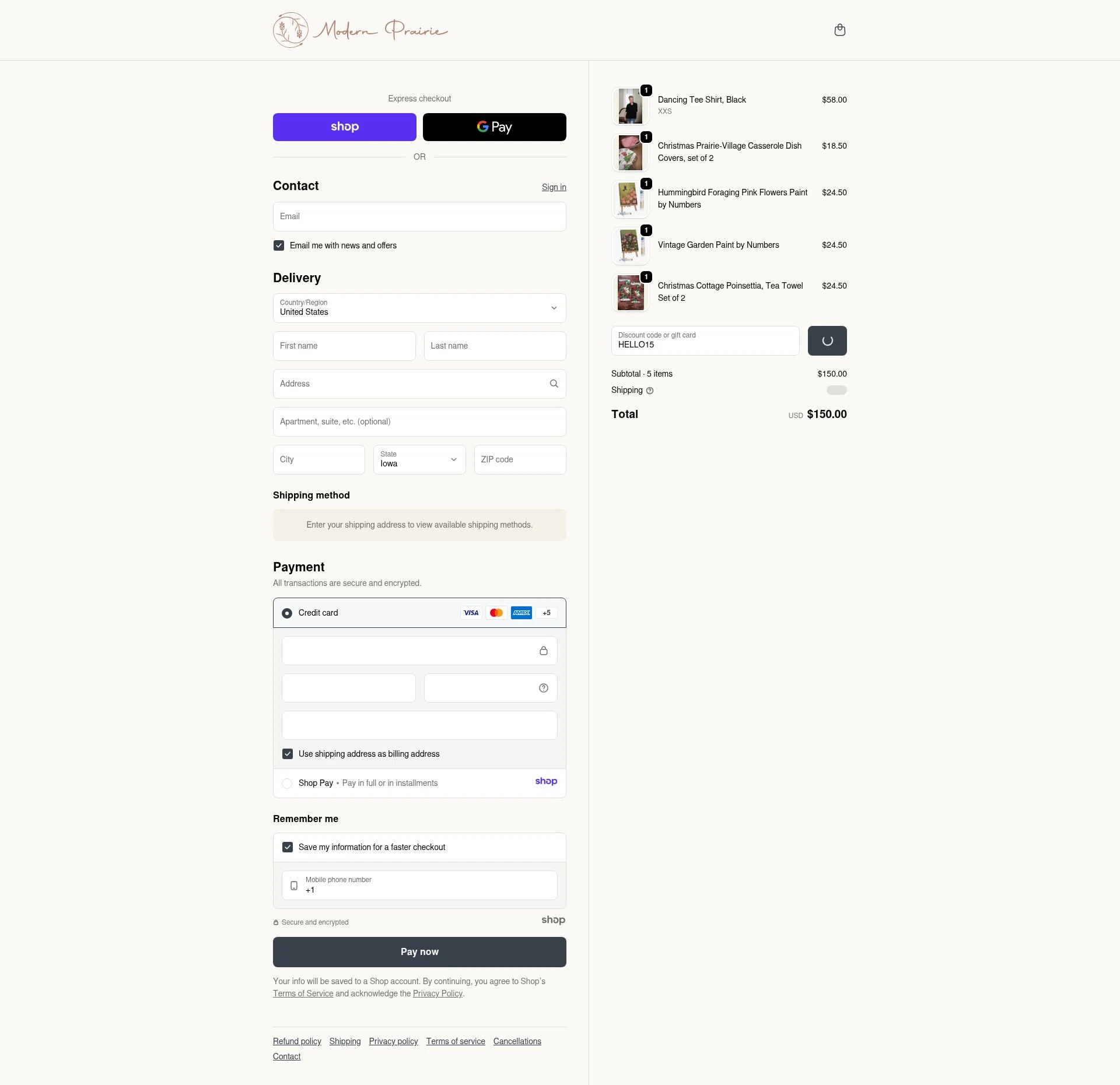 Modern Prairie checkout page showing Modern Prairie discount code box | Screenshot taken by SimplyCodes community member on Dec 20, 2025