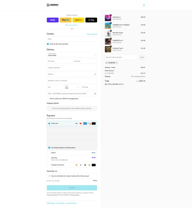 Modern Producers checkout page showing Modern Producers discount code box | Screenshot taken by SimplyCodes community member on Sep 4, 2025