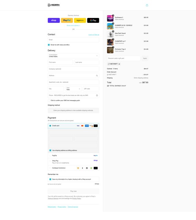 Modern Producers checkout page showing Modern Producers discount code box | Screenshot taken by SimplyCodes community member on Sep 4, 2025