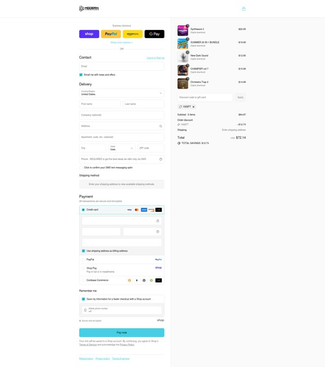Modern Producers checkout page showing Modern Producers discount code box | Screenshot taken by SimplyCodes community member on Sep 4, 2025