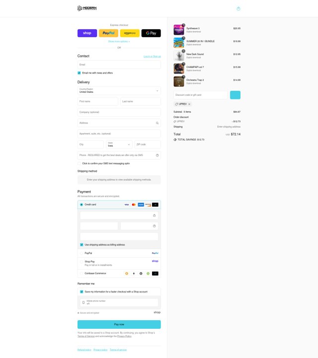 Modern Producers checkout page showing Modern Producers discount code box | Screenshot taken by SimplyCodes community member on Sep 4, 2025