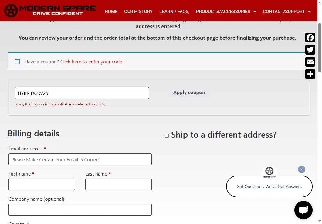 Modern Spare checkout page showing Modern Spare coupon code box | Screenshot taken by SimplyCodes community member on Jul 22, 2025