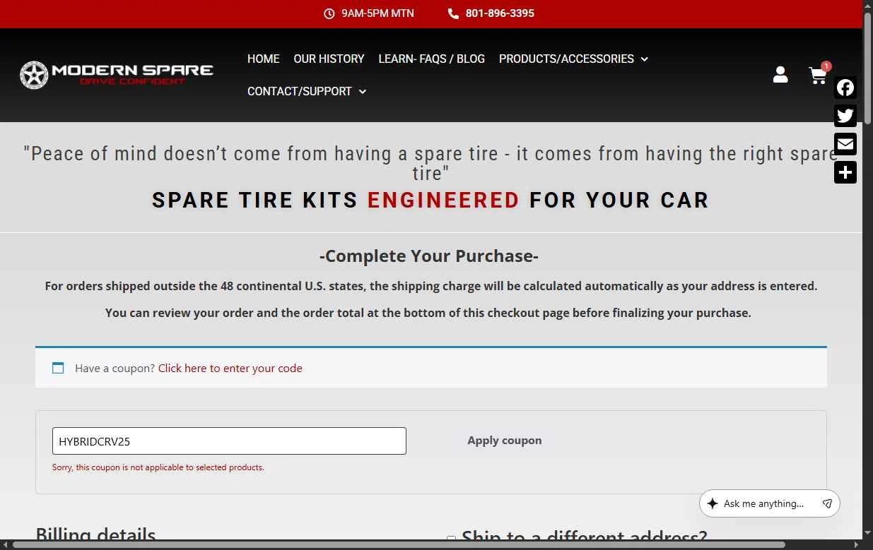 Modern Spare checkout page showing Modern Spare coupon code box | Screenshot taken by SimplyCodes community member on Feb 3, 2026