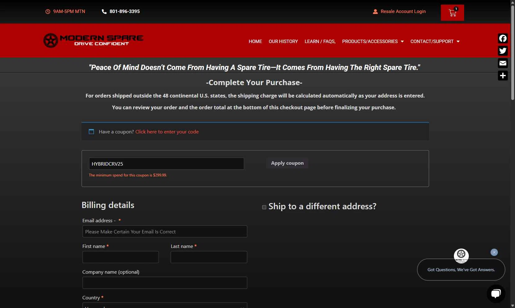 Modern Spare checkout page showing Modern Spare coupon code box | Screenshot taken by SimplyCodes community member on Aug 3, 2025