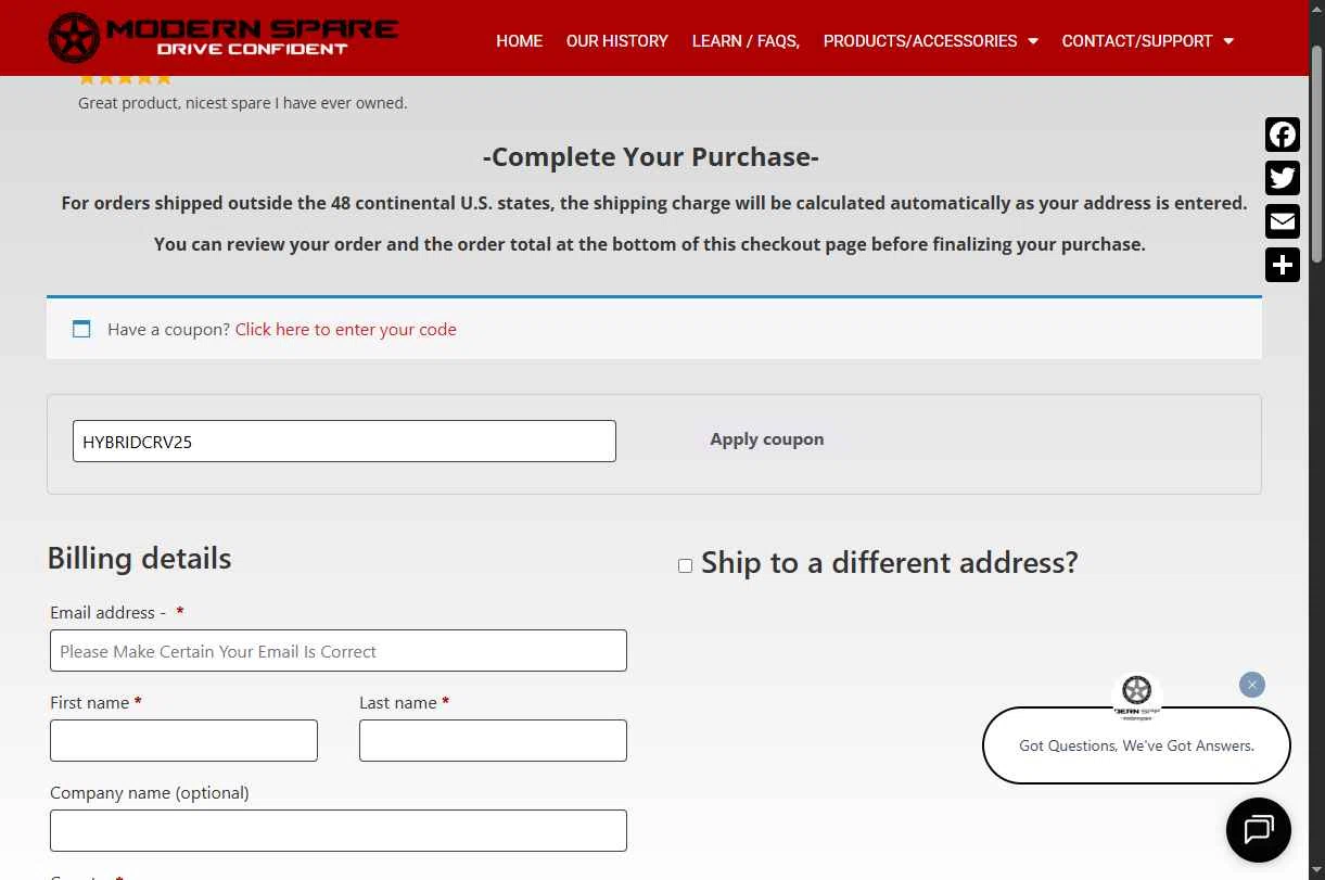 Modern Spare checkout page showing Modern Spare coupon code box | Screenshot taken by SimplyCodes community member on Aug 31, 2025