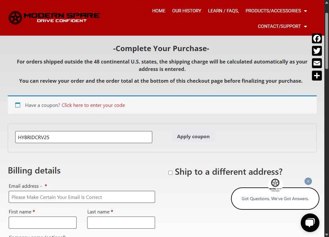 Modern Spare checkout page showing Modern Spare coupon code box | Screenshot taken by SimplyCodes community member on Aug 7, 2025