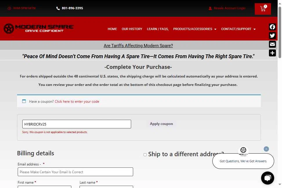 Modern Spare checkout page showing Modern Spare coupon code box | Screenshot taken by SimplyCodes community member on Jul 17, 2025