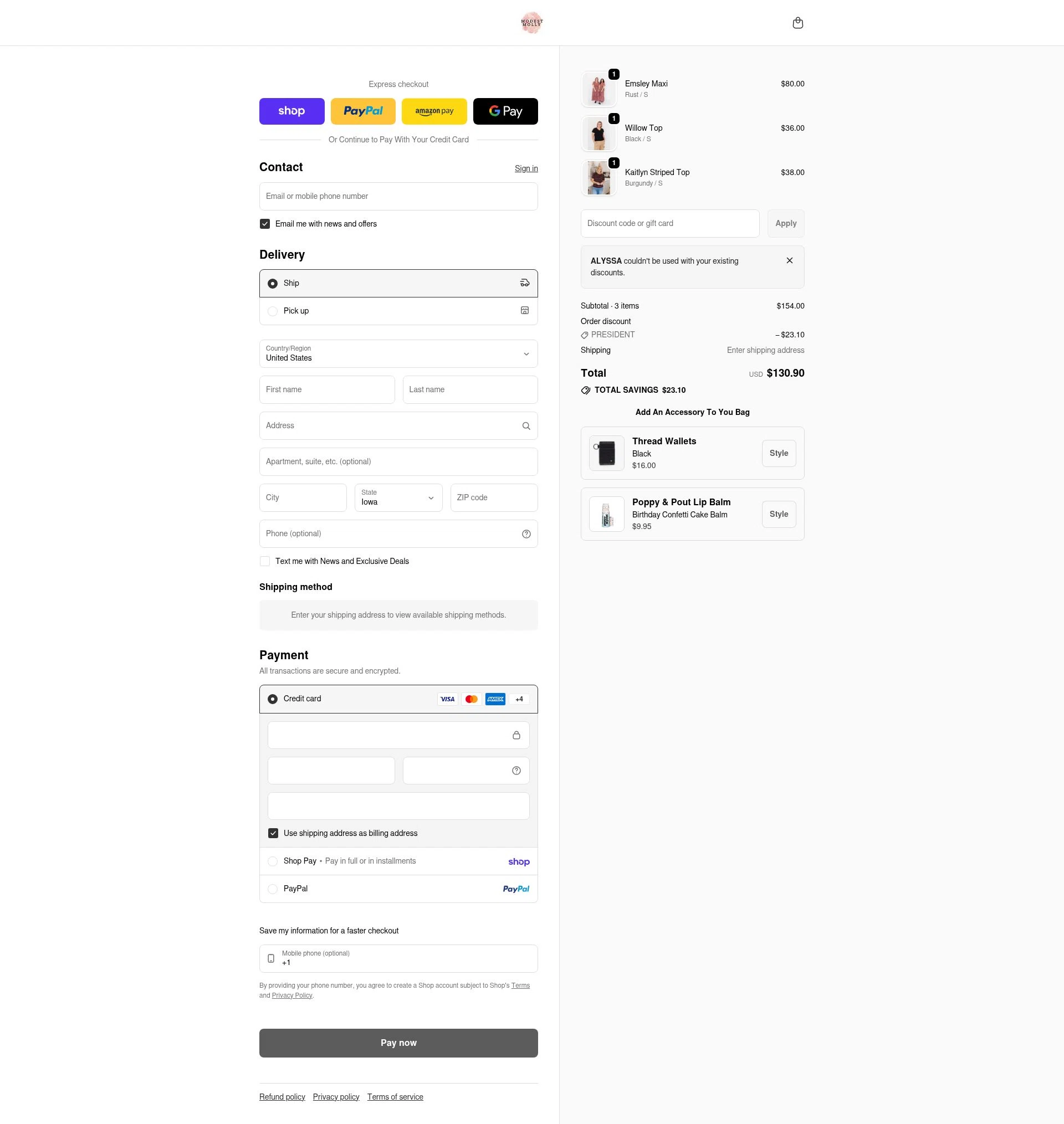 Modest Molly checkout page showing Modest Molly discount code box | Screenshot taken by SimplyCodes community member on Feb 17, 2026