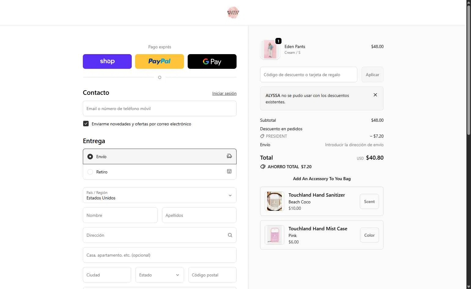 Modest Molly checkout page showing Modest Molly discount code box | Screenshot taken by SimplyCodes community member on Feb 17, 2026