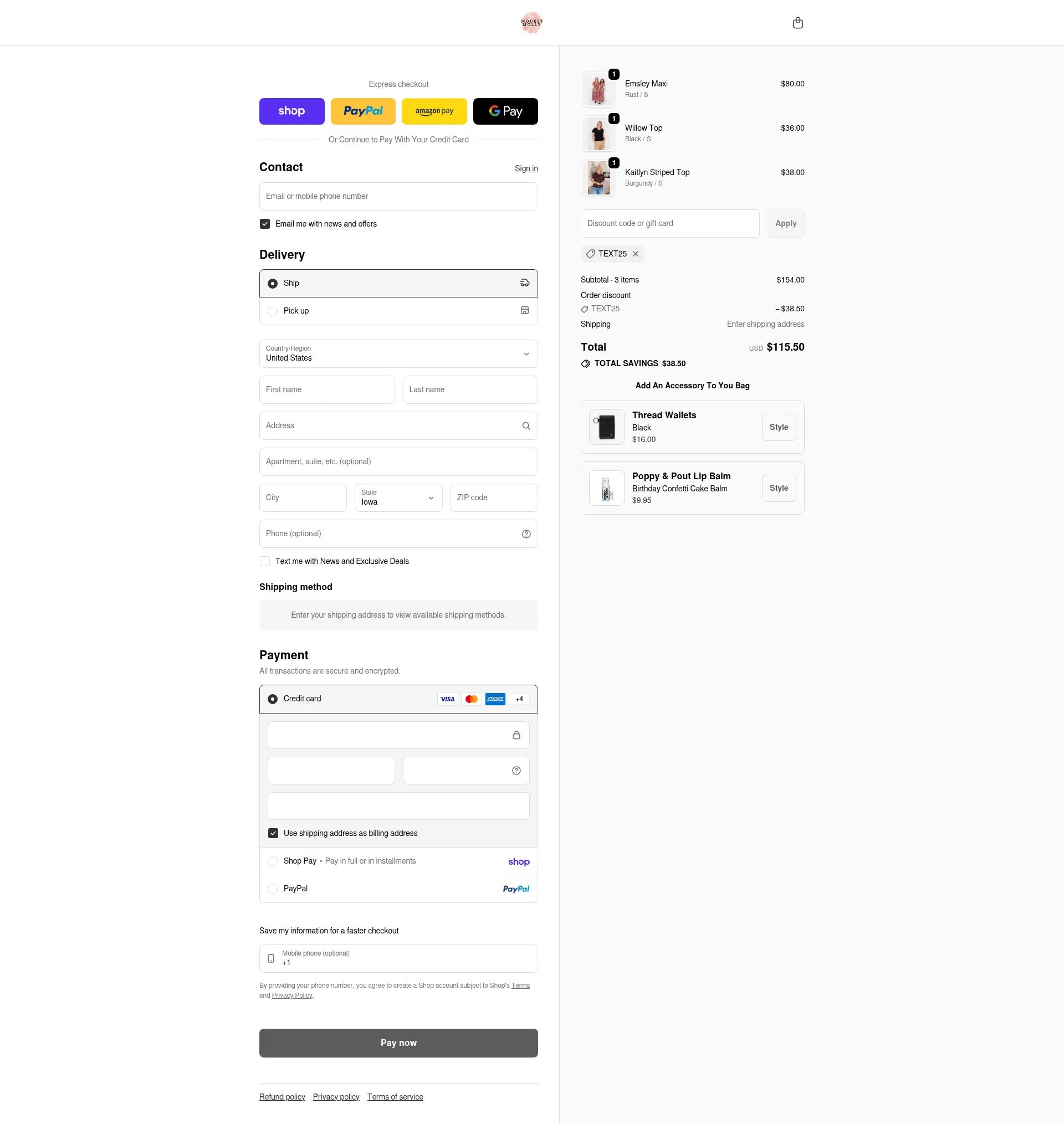 Modest Molly checkout page showing Modest Molly discount code box | Screenshot taken by SimplyCodes community member on Feb 17, 2026