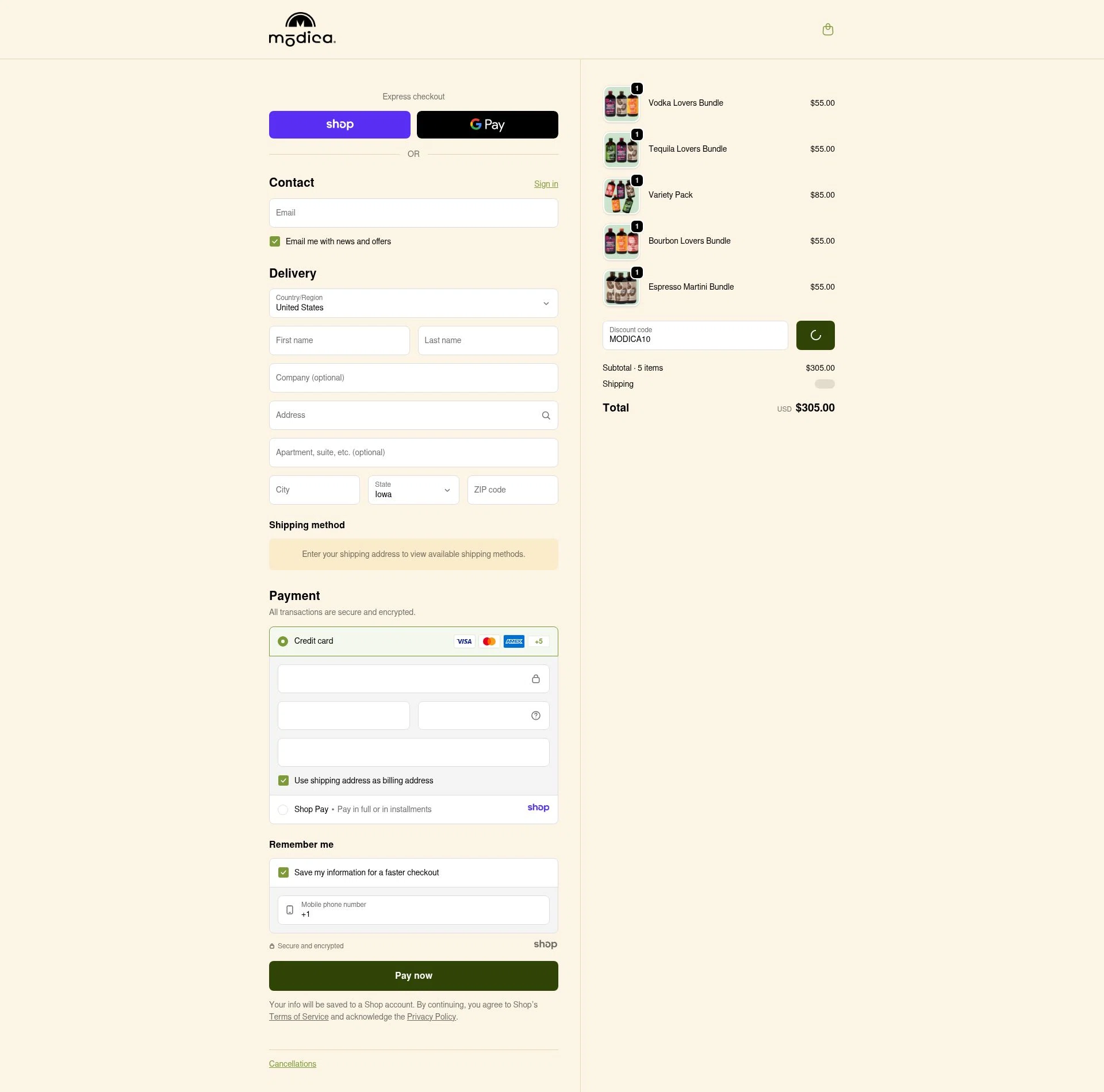 Modica checkout page showing Modica promo code box | Screenshot taken by SimplyCodes community member on Jan 2, 2026