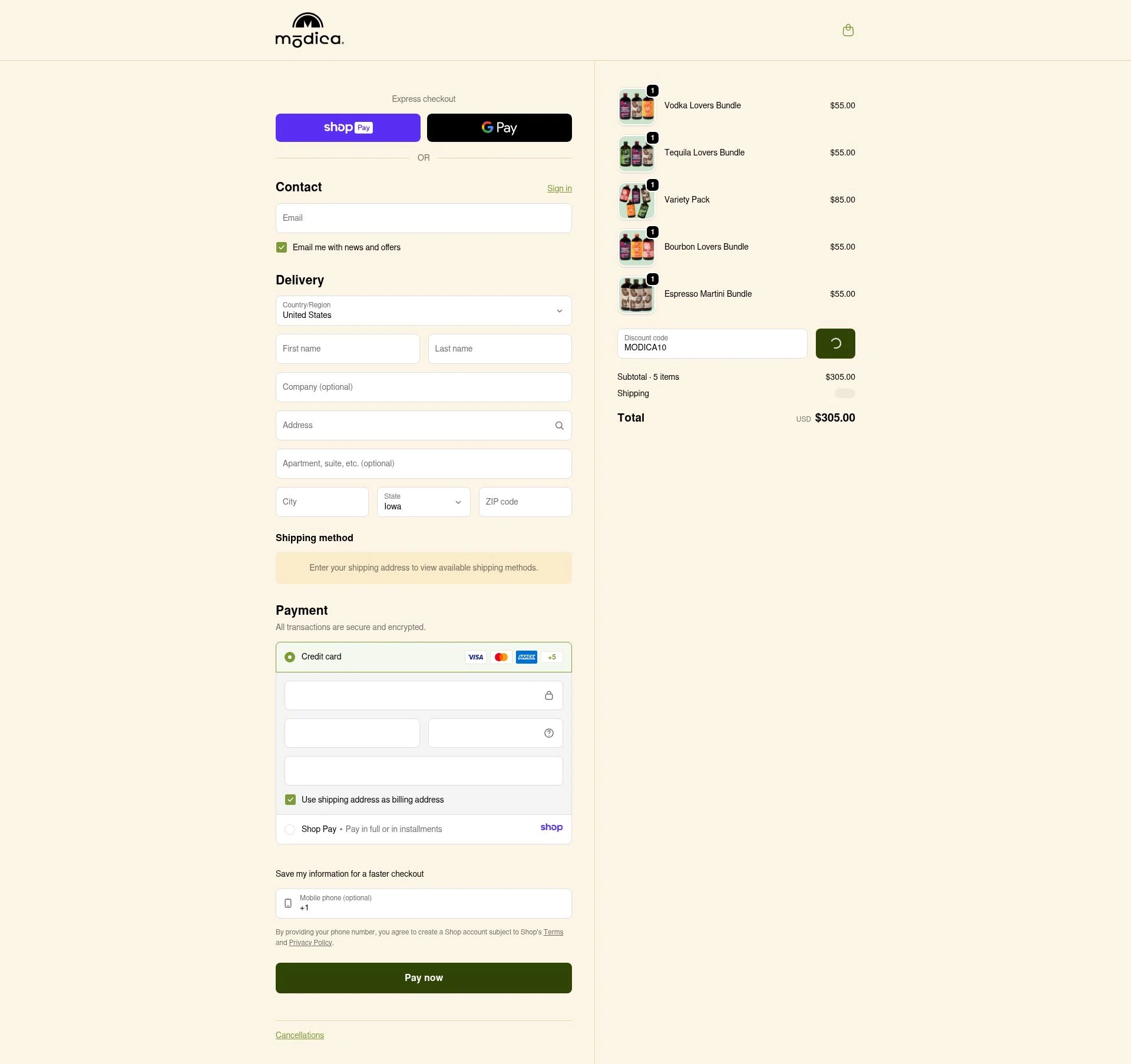 Modica checkout page showing Modica promo code box | Screenshot taken by SimplyCodes community member on Jan 7, 2026