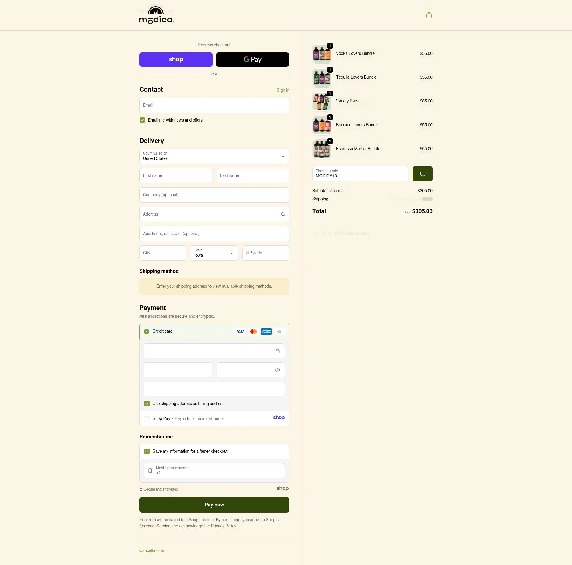 Modica checkout page showing Modica promo code box | Screenshot taken by SimplyCodes community member on Dec 16, 2025