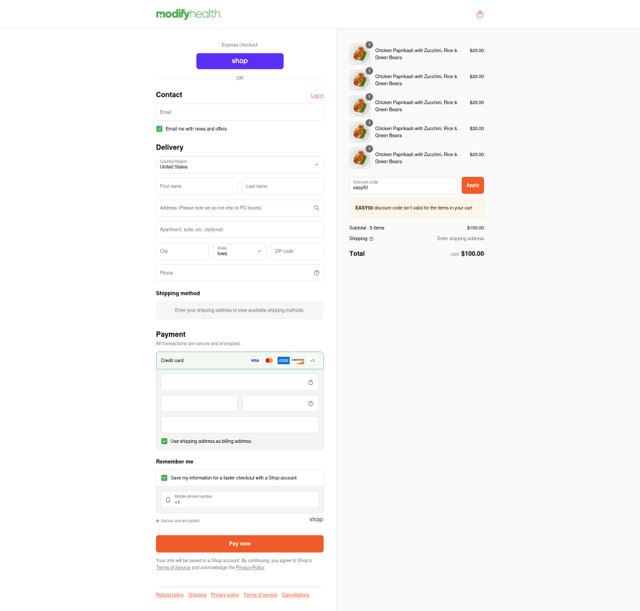 ModifyHealth checkout page showing ModifyHealth discount code box | Screenshot taken by SimplyCodes community member on Sep 2, 2025