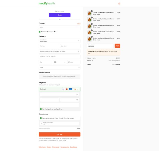ModifyHealth checkout page showing ModifyHealth discount code box | Screenshot taken by SimplyCodes community member on Sep 2, 2025