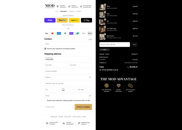 MOD LIGHTING checkout page showing MOD LIGHTING discount code box | Screenshot taken by SimplyCodes community member on Sep 6, 2025