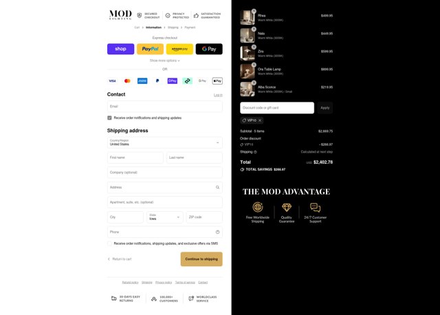 MOD LIGHTING checkout page showing MOD LIGHTING discount code box | Screenshot taken by SimplyCodes community member on Sep 6, 2025
