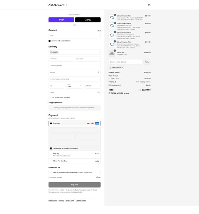 Modloft checkout page showing Modloft discount code box | Screenshot taken by SimplyCodes community member on Sep 4, 2025