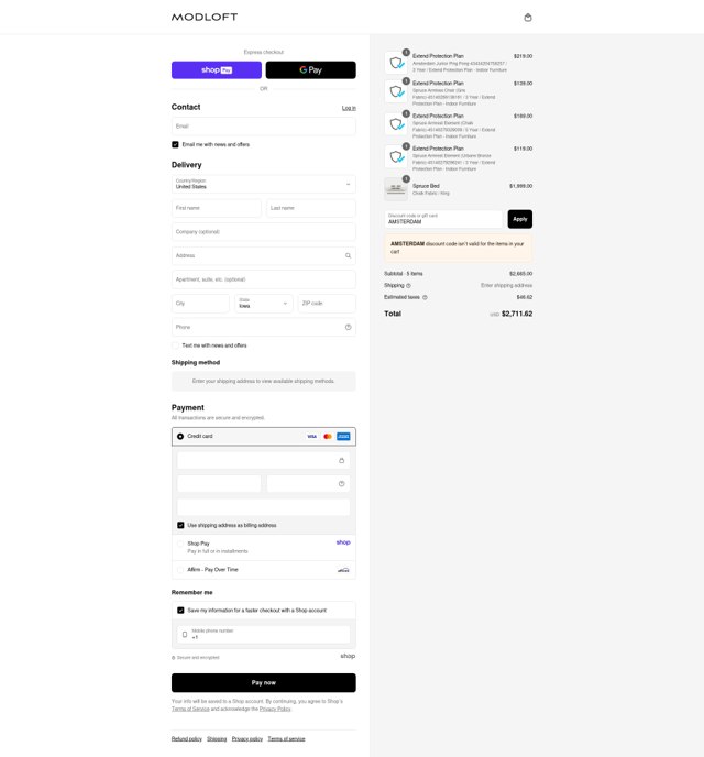 Modloft checkout page showing Modloft discount code box | Screenshot taken by SimplyCodes community member on Aug 22, 2025