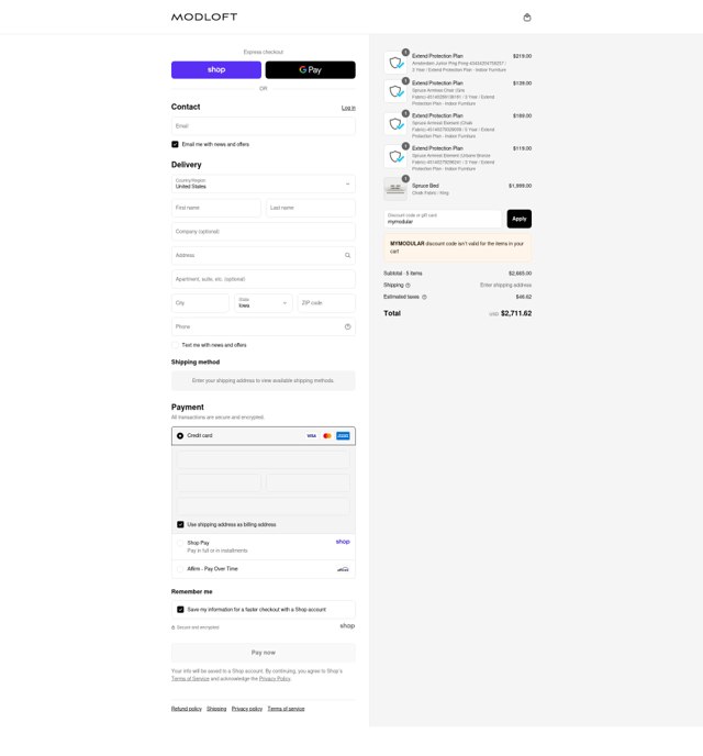 Modloft checkout page showing Modloft discount code box | Screenshot taken by SimplyCodes community member on Sep 4, 2025