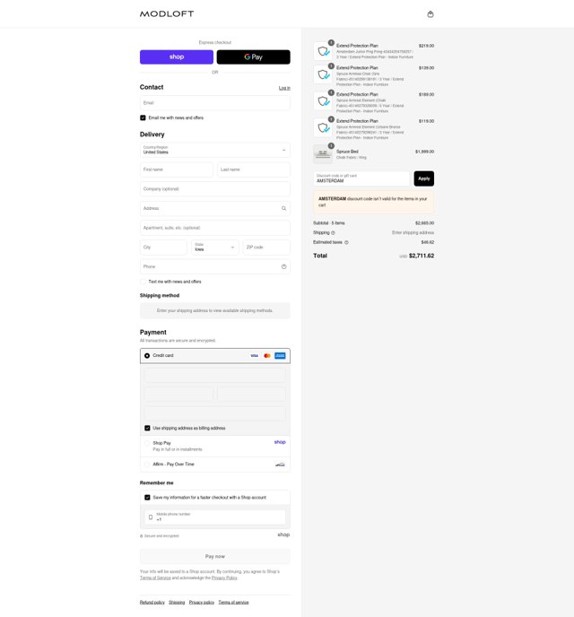 Modloft checkout page showing Modloft discount code box | Screenshot taken by SimplyCodes community member on Sep 4, 2025