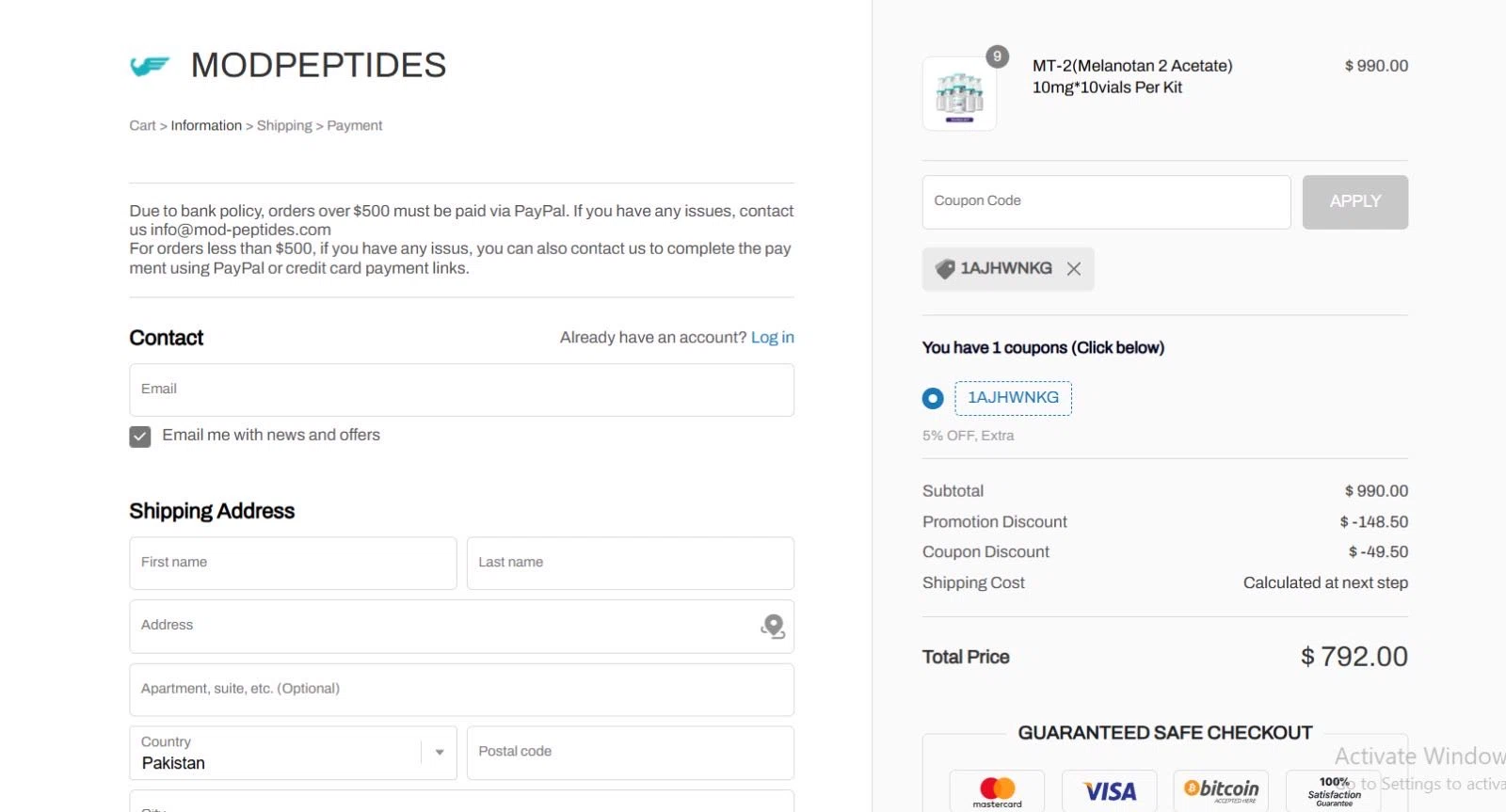 MODPeptides promo code screenshot showing code 1AJHWNKG applied at MODPeptides checkout page. Uploaded by SimplyCodes community member SmartMaestro6327 on Jan 10, 2026