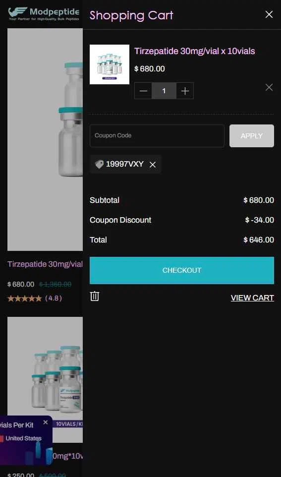 MODPeptides checkout page showing MODPeptides promo code box | Screenshot taken by SimplyCodes community member on Dec 15, 2025