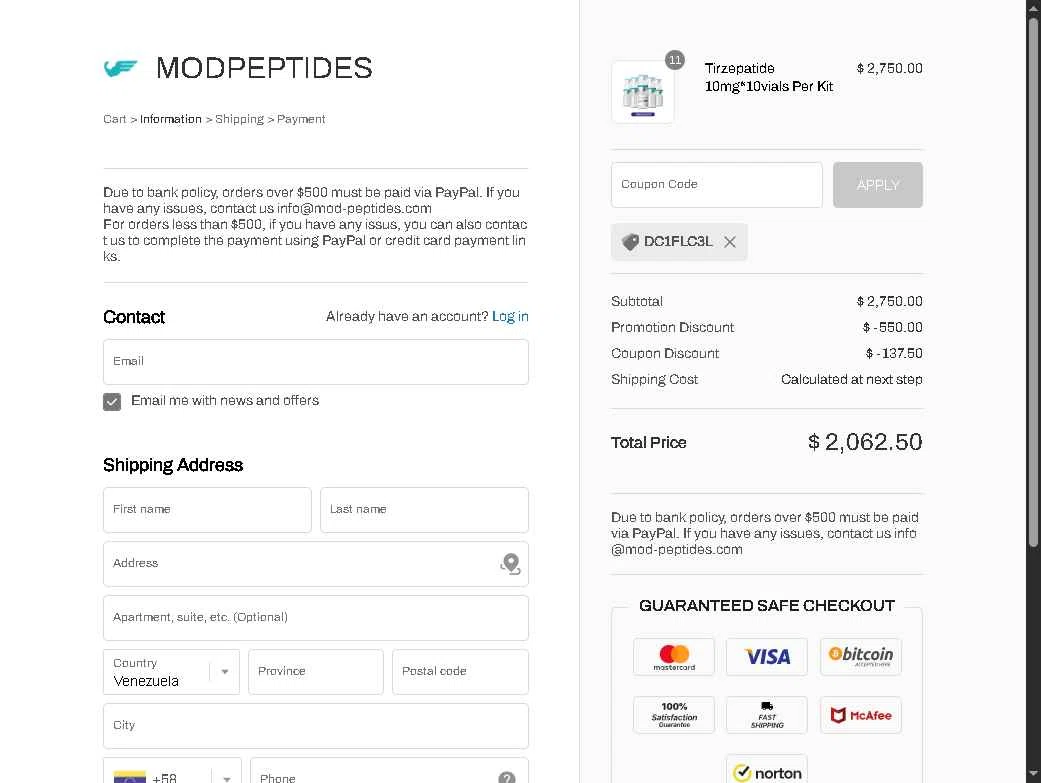 MODPeptides checkout page showing MODPeptides promo code box | Screenshot taken by SimplyCodes community member on Nov 19, 2025