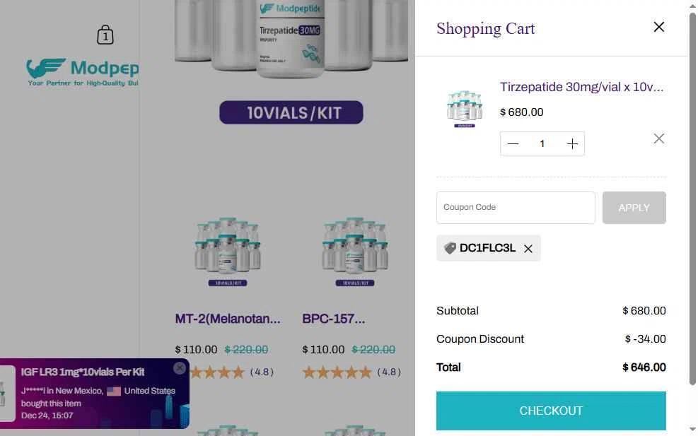 MODPeptides checkout page showing MODPeptides promo code box | Screenshot taken by SimplyCodes community member on Dec 24, 2025