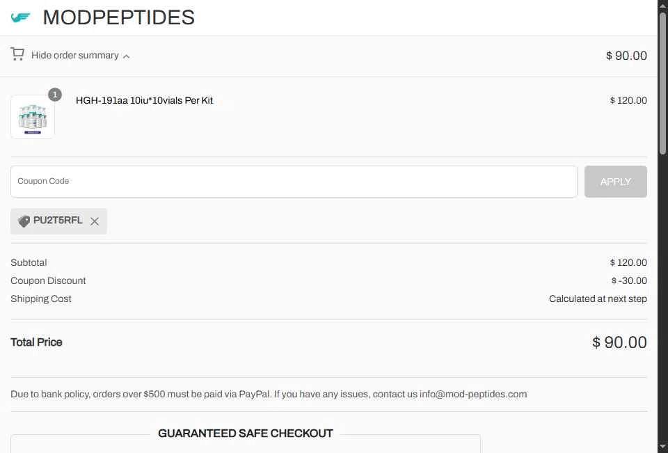 MODPeptides checkout page showing MODPeptides promo code box | Screenshot taken by SimplyCodes community member on Nov 11, 2025