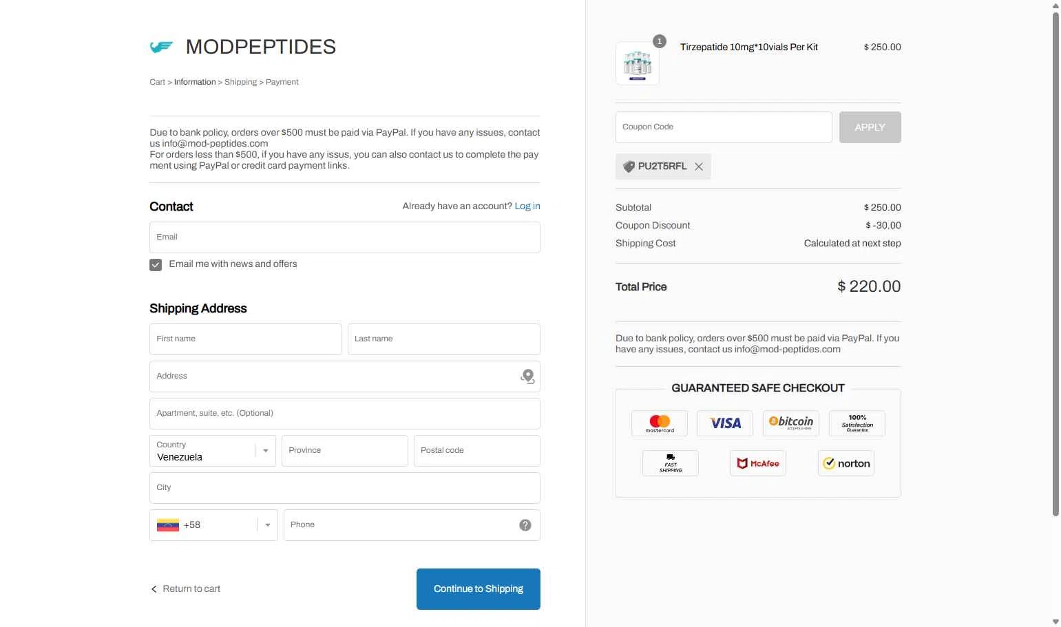 MODPeptides checkout page showing MODPeptides promo code box | Screenshot taken by SimplyCodes community member on Dec 1, 2025
