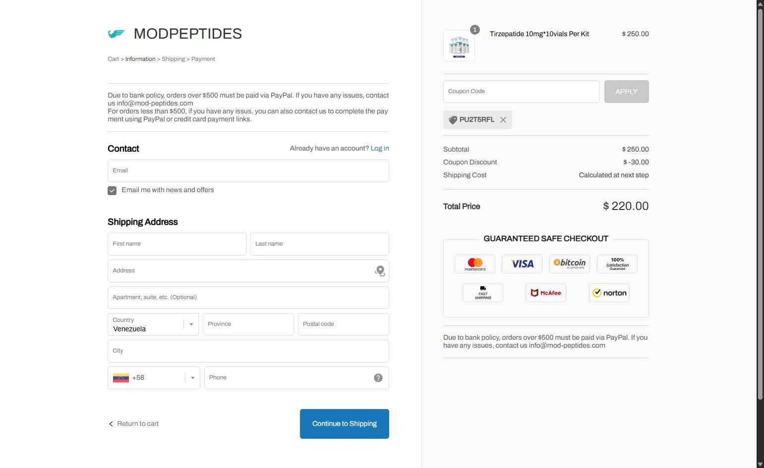 MODPeptides checkout page showing MODPeptides promo code box | Screenshot taken by SimplyCodes community member on Dec 14, 2025