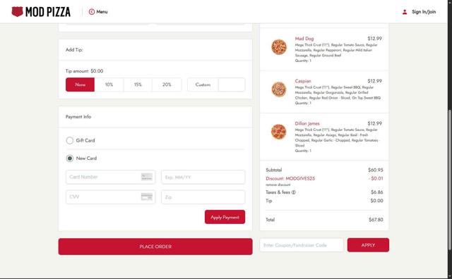 MOD Pizza checkout page showing MOD Pizza promo code box | Screenshot taken by SimplyCodes community member on Aug 18, 2025