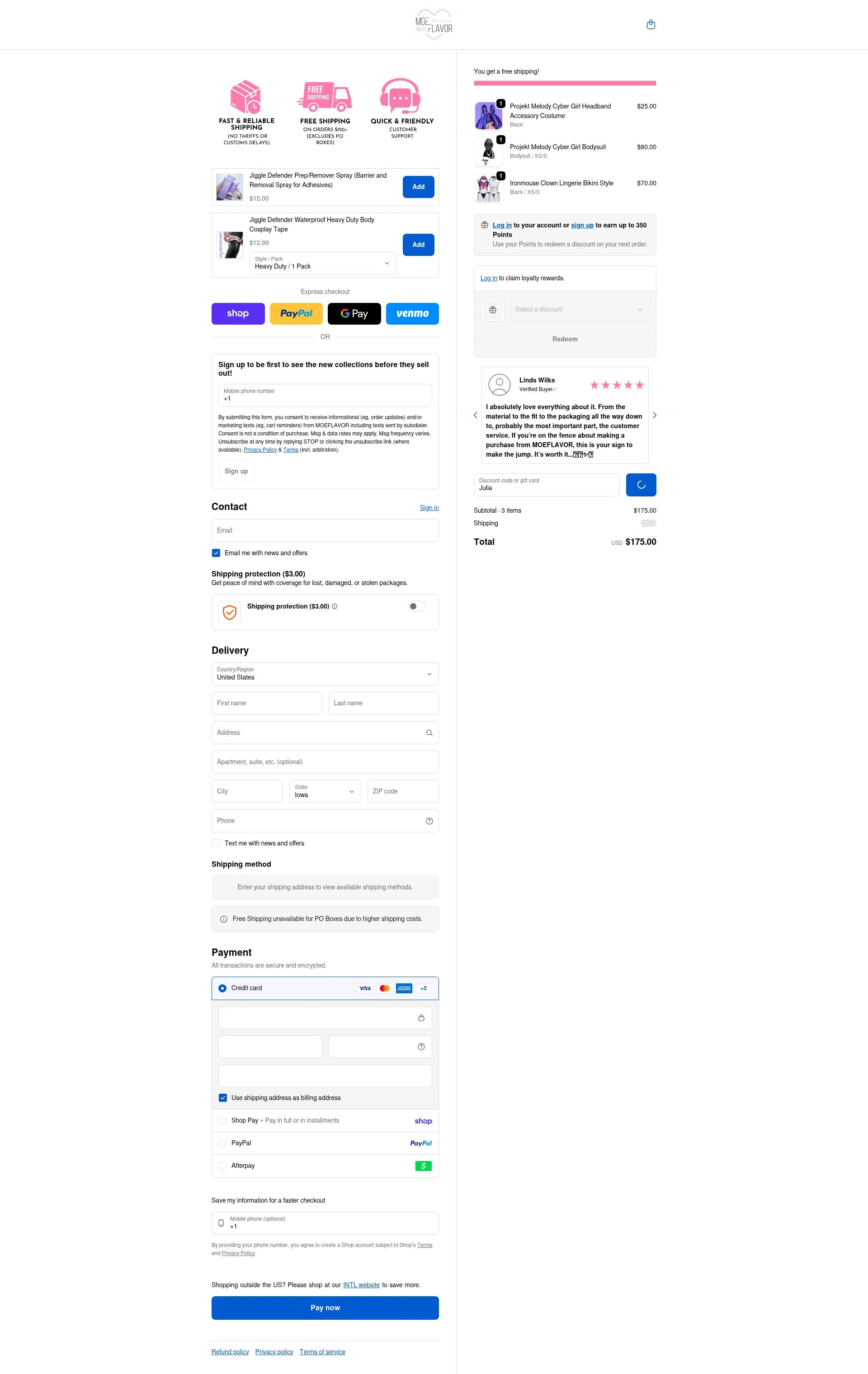 MOEFLAVOR checkout page showing MOEFLAVOR discount code box | Screenshot taken by SimplyCodes community member on Feb 6, 2026