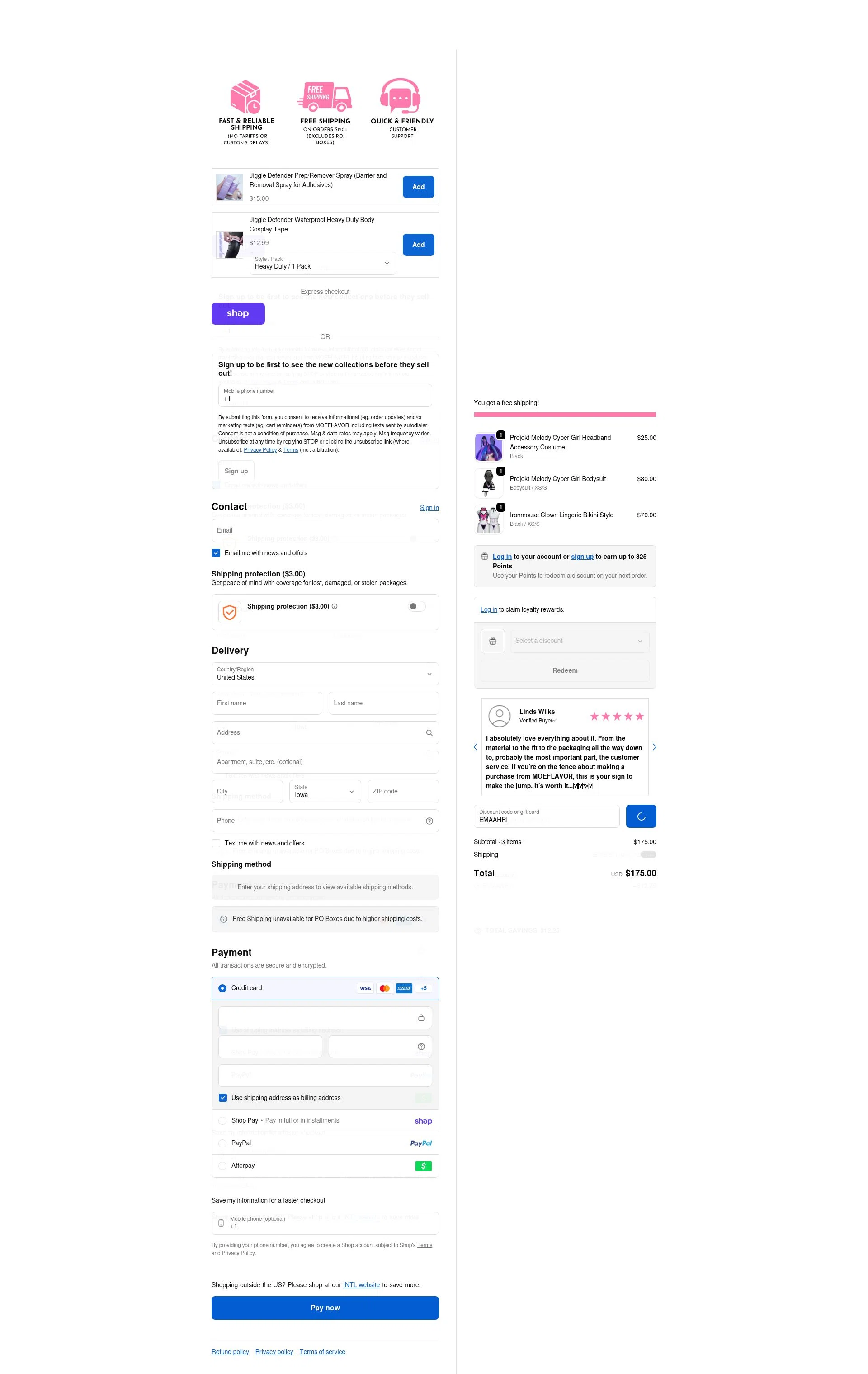 MOEFLAVOR checkout page showing MOEFLAVOR discount code box | Screenshot taken by SimplyCodes community member on Feb 6, 2026