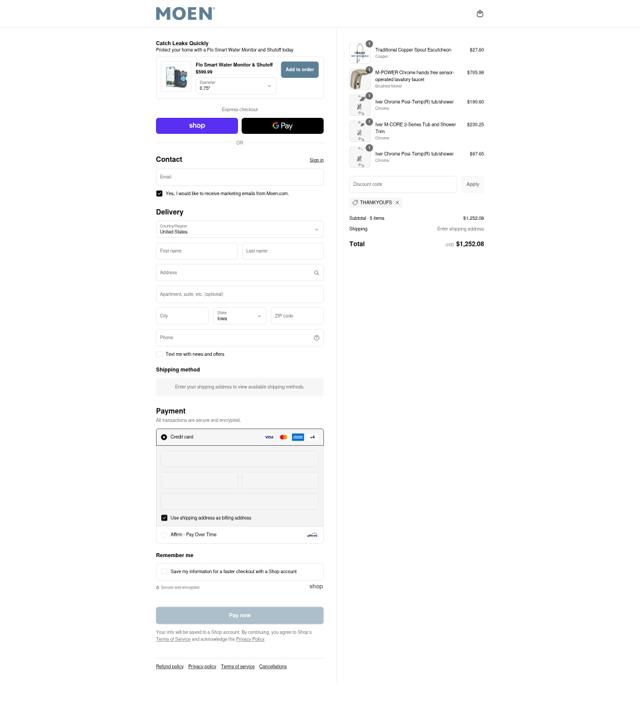 Moen US checkout page showing Moen US promo code box | Screenshot taken by SimplyCodes community member on Sep 14, 2025