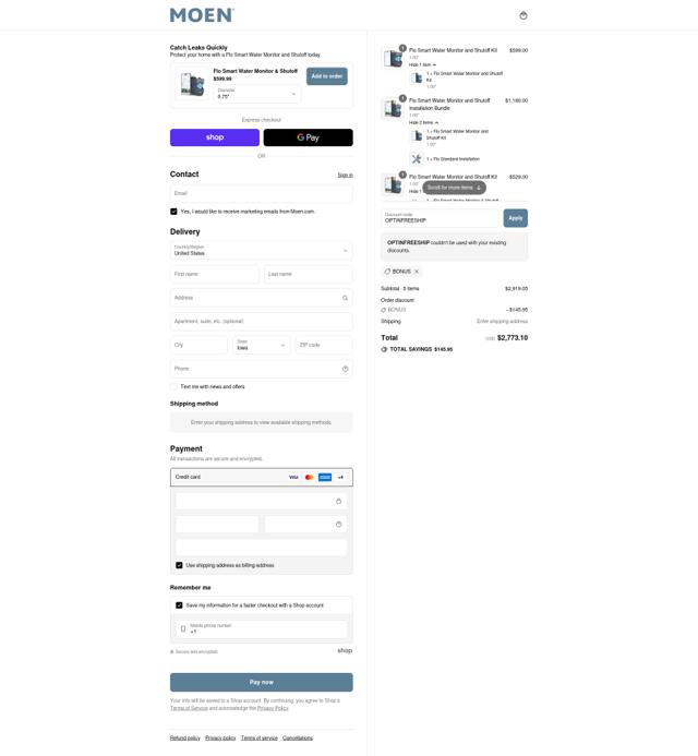 Moen US checkout page showing Moen US promo code box | Screenshot taken by SimplyCodes community member on Sep 10, 2025